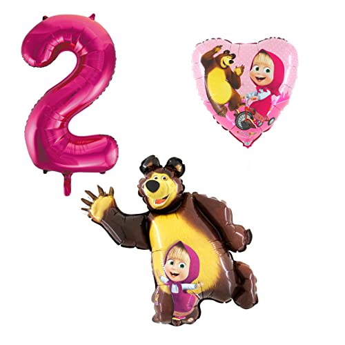 3er Set Mascha und der Bär Folienballons - Zahlenballon 2 pink - Happy Birthday Luftballons - Helium Luftgeeignet von Ballonim