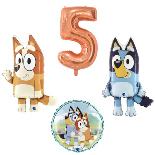 4 teiliges Ballonset mit Bluey und Bingo einer Ballonzahl mit der Nummer 5 in Rosegold und ein runder Ballon von Ballonim