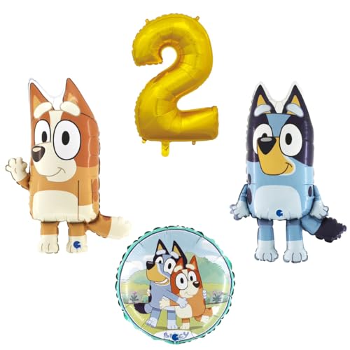 4 teiliges Ballonset mit Bluey und Bingo einer Ballonzahl mit der Nummer 2 in Gold und ein runder Ballon von Ballonim
