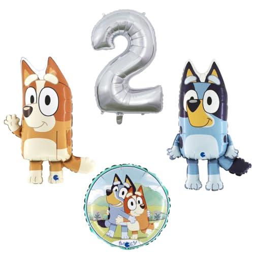 4 teiliges Ballonset mit Bluey und Bingo einer Ballonzahl mit der Nummer 2 in Silber und ein runder Ballon von Ballonim