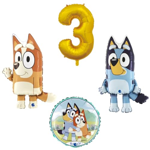 4 teiliges Ballonset mit Bluey und Bingo einer Ballonzahl mit der Nummer 3 in Gold und ein runder Ballon von Ballonim