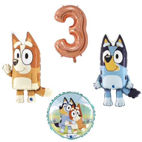 4 teiliges Ballonset mit Bluey und Bingo einer Ballonzahl mit der Nummer 3 in Rosegold und ein runder Ballon von Ballonim