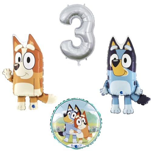 4 teiliges Ballonset mit Bluey und Bingo einer Ballonzahl mit der Nummer 3 in Silber und ein runder Ballon von Ballonim