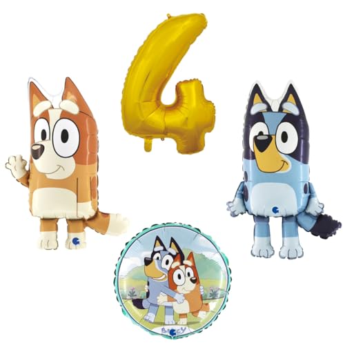 4 teiliges Ballonset mit Bluey und Bingo einer Ballonzahl mit der Nummer 4 in Gold und ein runder Ballon von Ballonim