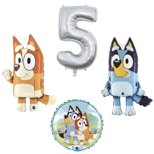 4 teiliges Ballonset mit Bluey und Bingo einer Ballonzahl mit der Nummer 5 in Silber und ein runder Ballon von Ballonim