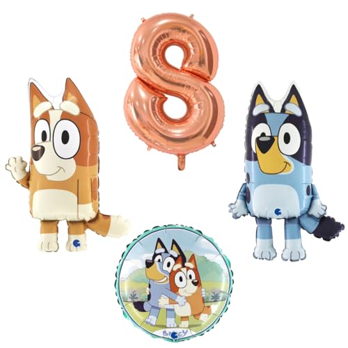 4 teiliges Ballonset mit Bluey und Bingo einer Ballonzahl mit der Nummer 8 in Rosegold und ein runder Ballon von Ballonim