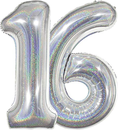 Ballonim Luftballon Zahl 16 in Glitzer Holografik - XXL Riesenzahl 86cm - Dekoration zum Geburtstag - Folienballon Happy Birthday Deko (Zahl 16 Silber holografisch) von Ballonim