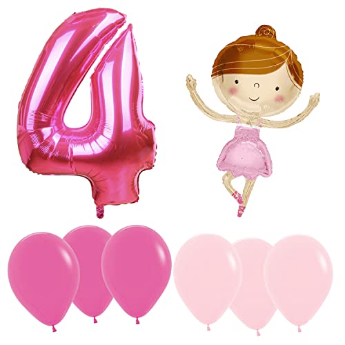 Ballonset Ballerina 3 er Set Ballerina Folienballon, Zahl 4 in pink, 6 Latexballons (Rosa, Pink) von Ballonim