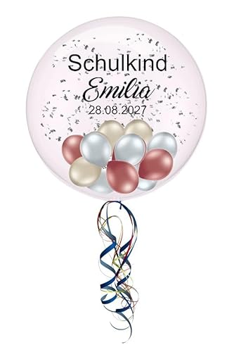 Schulkind. Bubble-Ballon personalisiert, mit Namen und Datum für das Schulkind. Transparent, inklusive Helium. von Ballonsupermarkt Kreation