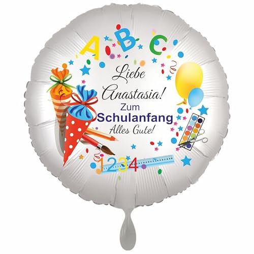 Zum Schulanfang "Alles Gute". Folienballon personalisiert, mit dem Namen des Schulkindes. Rund, Satin Weiß, 45cm ohne Helium. von Ballonsupermarkt Kreation