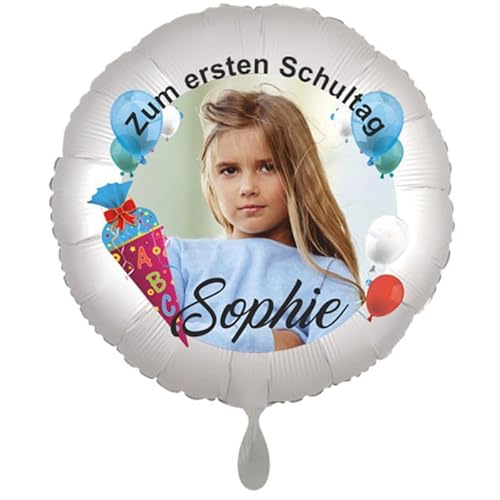 Zum ersten Schultag. Fotoballon personalisiert. Rund, Satin Weiß, 45cm ohne Helium. von Ballonsupermarkt Kreation