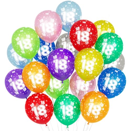 18 Kunterbunte Luftballons, 20 Stück Luftballons 18. Geburtstag, 30cm Luftballon Deko 18. Geburtstag Mädchen Junge Jubiläum 18 Jahre Ballon Mehrfarbige Zahl 18 von Balloon Dance