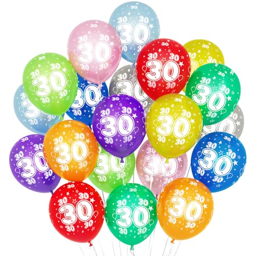 30 Kunterbunte Luftballons, 20 Stück Luftballons 30. Geburtstag, 30cm Luftballon Deko 30. Geburtstag Frauen Männer Jubiläum 30 Jahre Ballon Mehrfarbige Zahl 30 von Balloon Dance