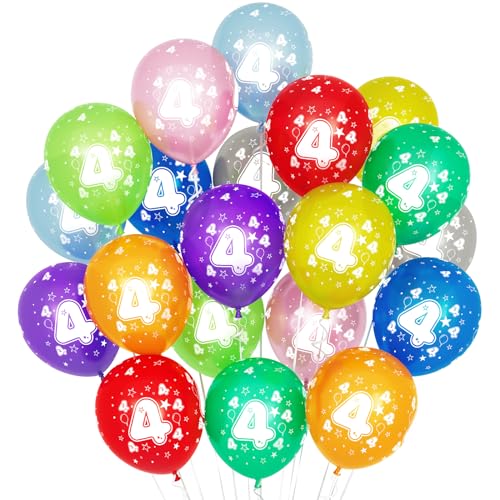 4 Kunterbunte Luftballons, 20 Stück Luftballons 4. Geburtstag, 30cm Luftballon Deko 4. Geburtstag Mädchen Junge Jubiläum 4 Jahre Ballon Mehrfarbige Zahl 4 von Balloon Dance