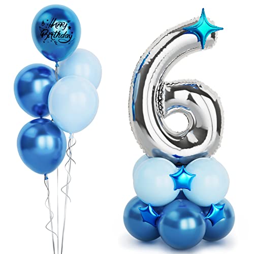 Silber Luftballon Zahlen 6 Folienballon, 40 Zoll -100cm große 6 Jahre Helium Ballons Blau Silber Geburtstag Luftballon für Jungen Kinder 6. Geburtstags party Deko(Nummer 6) von Balloon Dance