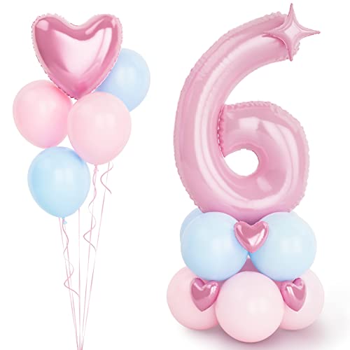 Rosa Luftballon Zahlen 6 Folienballon, 40 Zoll -100cm große Rosa 6 Jahre Helium Ballons blaue und rosa Geburtstag Luftballon für Mädchen 6. Geburtstags party Deko Baby Shower(Nummer 6) von Balloon Dance
