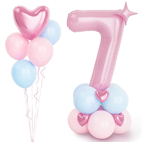Rosa Luftballon Zahlen 7 Folienballon, 40 Zoll -100cm große Rosa 7 Jahre Helium Ballons blaue und rosa Geburtstag Luftballon für Mädchen 7. Geburtstags party Deko Baby Shower(Nummer 7) von Balloon Dance