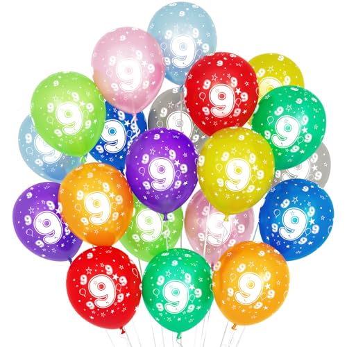 9 Kunterbunte Luftballons, 20 Stück Luftballons 9. Geburtstag, 30cm Luftballon Deko 9. Geburtstag Mädchen Junge Jubiläum 9 Jahre Ballon Mehrfarbige Zahl 9 von Balloon Dance