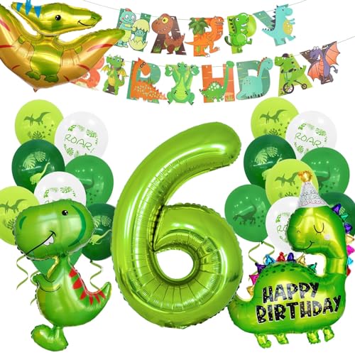 Dino Geburtstag Deko 6 Jahre, 6. Dinosaurier Kindergeburtstag Deko mit Dino Luftballons, Happy Birthday Girlande Zahlen Ballon 6 für Kinder Junge Party Geburtstagdeko von Balloon Dance