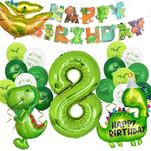 Dino Geburtstag Deko 8 Jahre, 8. Dinosaurier Kindergeburtstag Deko mit Dino Luftballons, Happy Birthday Girlande Zahlen Ballon 8 für Kinder Junge Party Geburtstagdeko von Balloon Dance