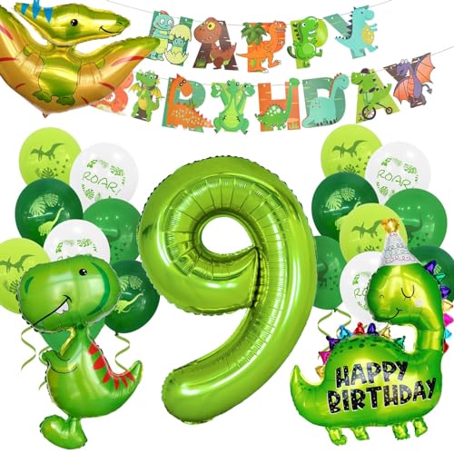 Dino Geburtstag Deko 9 Jahre, 9. Dinosaurier Kindergeburtstag Deko mit Dino Luftballons, Happy Birthday Girlande Zahlen Ballon 9 für Kinder Junge Party Geburtstagdeko von Balloon Dance