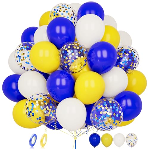 Luftballons Blau Gelb, 60 Stück 12 Zoll Weiße Dunkelblau Gelbe Konfetti Latex Helium Ballon Set mit Band für Jungen Mädchen Kinder Geburtstag Hochzeit Babyparty Jahrestag Verlobung Party Dekoration von Balloon Dance