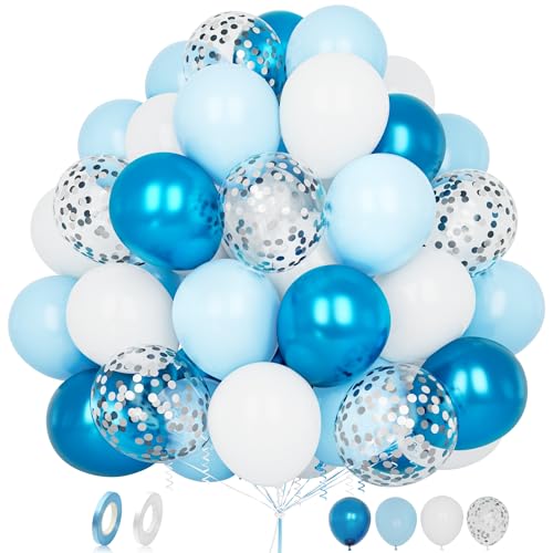 Luftballons Blau Weiss, 60 Stück 12 Zoll Pastell Metallic Blaues Matt Weiß Silber Konfetti Latex Helium Ballon Set mit Band für Männer Jungen Kinder Geburtstag Hochzeit Babyparty Jahrestag Dekoration von Balloon Dance