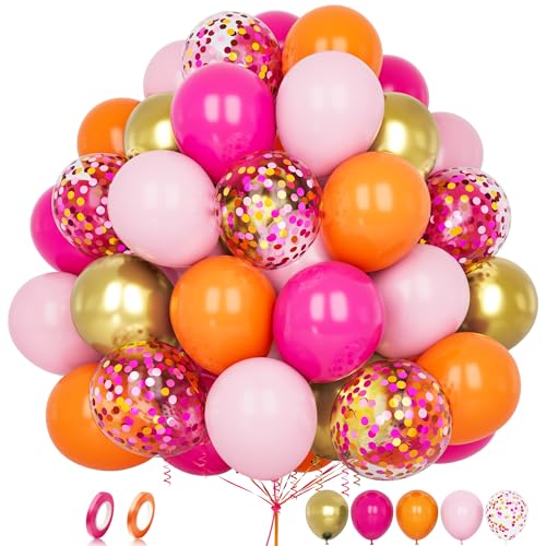 Luftballons Rosa Orange, 60 Stück 12 Zoll Matt Hot Pink Orange Pastel Pink Konfetti Metallic Gold Latex Helium Ballon mit Band für Frauen Mädchen Kinder Geburtstag Hochzeit Babyparty Party Dekoration von Balloon Dance