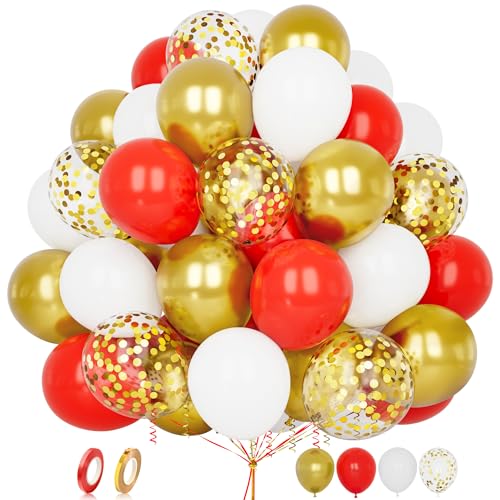 Luftballons Rot und Gold, 60 Stück 12 Zoll Matt Rote Weiß Metallic Chrom Gold Konfetti Latex Ballon mit Band für Mädchen Frauen Männer Geburtstag Hochzeit Babyparty Abschluss Jahrestag Dekoration von Balloon Dance