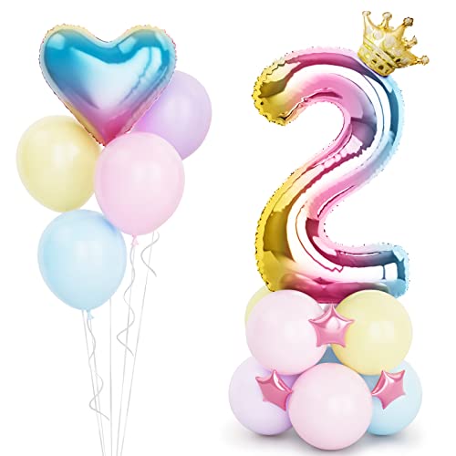 Regenbogen Luftballon Zahlen 2 Folienballon, 40 Zoll -100cm Helium Ballons 2 Jahre Bunt Farbverlauf Geburtstag Luftballon für Mädchen 2. Geburtstags party Deko mit Krone(Nummer 2) von Balloon Dance