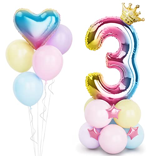 Regenbogen Luftballon Zahlen 3 Folienballon, 40 Zoll -100cm Helium Ballons 3 Jahre Bunt Farbverlauf Geburtstag Luftballon für Mädchen 3. Geburtstags party Deko mit Krone(Nummer 3) von Balloon Dance