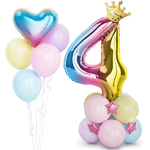 Regenbogen Luftballon Zahlen 4 Folienballon, 40 Zoll -100cm Helium Ballons 4 Jahre Bunt Farbverlauf Geburtstag Luftballon für Mädchen 4. Geburtstags party Deko mit Krone(Nummer 4) von Balloon Dance