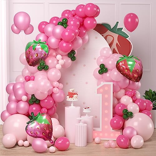 Rosa Luftballon Bogen Kit, 129Pcs Erdbeer Luftballons Girlande Kit mit verschiedenen rosa Luftballons für Mädchen Geburtstagsdekoration Baby Shower Obst Party Jubiläum von Balloon Dance