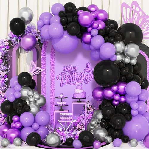 Schwarz Lila Ballons Bogen Kit, 154Pcs 5 12 18 Zoll Silber Lila Konfetti Metallische Luftallons Girlande für Halloween Geburtstag Hochzeit Party Baby Shower Jahrestag Party Dekoration Zubehör von Balloon Dance