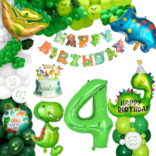 XXL Dino Geburtstag Deko, Dinosaurier Geburtstagsdeko 4 Jahre, 4. Kindergeburtstag Deko Zahlen Luftballon mit Happy Birthday Banner für Dinosaurier Party Dekoration Dschungel Party Kinder von Balloon Dance