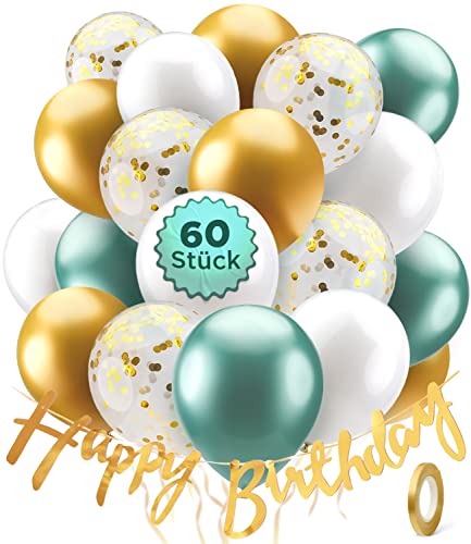 60er Set Luftballons Geburtstag mit Happy Birthday Banner - all-in-one Geburtstagsdeko - Deko Geburtstag - Ballons Geburtstag - Grün Gold Weiß von Balloono