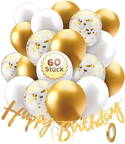 60er Set Luftballons Geburtstag mit Happy Birthday Banner - all-in-one Geburtstagsdeko - Deko Geburtstag - Ballons Geburtstag - Weiß Gold von Balloono