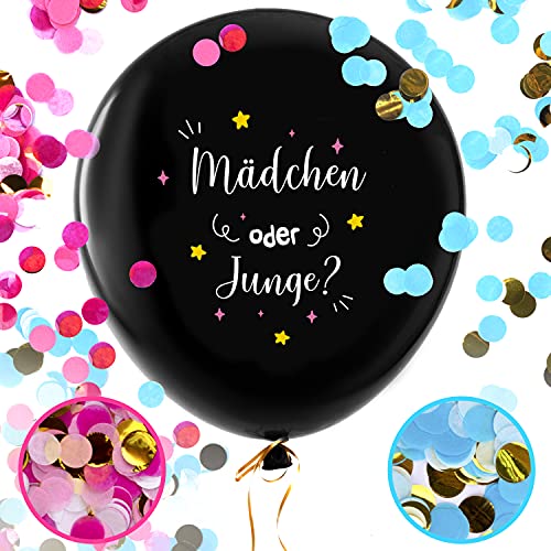 Balloono Gender Reveal Balloon (91cm) ● Komplett-Set mit Konfetti, Nadel, Fahnen und Schleife ● Einfaches Befüllen und geeignet für Helium ● Gender Reveal Party von Balloono