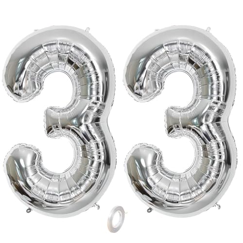 Balorise 40 Zoll Aluminium-Ballon, riesig, silberfarben, Zahl 33, aufblasbar, Helium, große Zahl 0-9, 10-100 (101 cm), Dekoration für Geburtstagsfeier und Hochzeit von Balorise