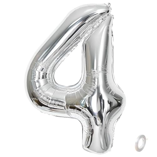 Balorise Riesen-Ballon, Aluminium, 40 Zoll, silberfarben, Zahl 4, aufblasbar, Helium, große Zahl 0-9, 10-100 (101 cm), Dekoration für Geburtstagsfeier und Hochzeit von Balorise