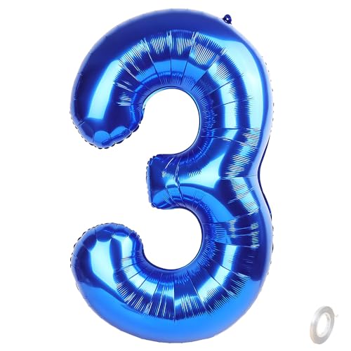 Balorise Riesen-Ballon, Aluminium, Blau, Zahl 3, aufblasbar, Helium, große Zahl 0-9, 10-100 (101 cm), Dekoration für Geburtstagsfeier und Hochzeit von Balorise