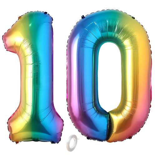 Balorise Riesen-Ballon, Aluminium, Regenbogen, Zahl 10, aufblasbar, Helium, große Zahl 0-9, 10-100 (101 cm), Dekoration für Geburtstagsfeier und Hochzeit von Balorise