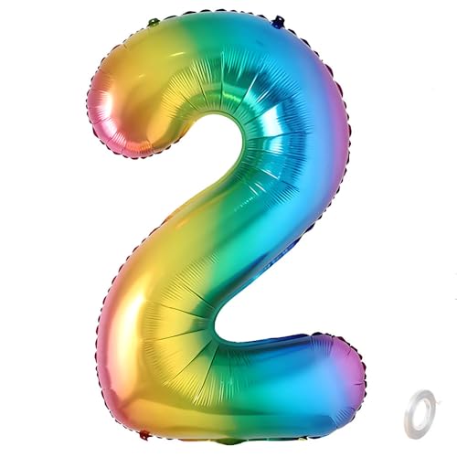 Balorise Riesen-Ballon, Aluminium, Regenbogen, Zahl 2, aufblasbar, Helium, große Zahl 0-9, 10-100 (101 cm), Dekoration für Geburtstagsfeier und Hochzeit von Balorise