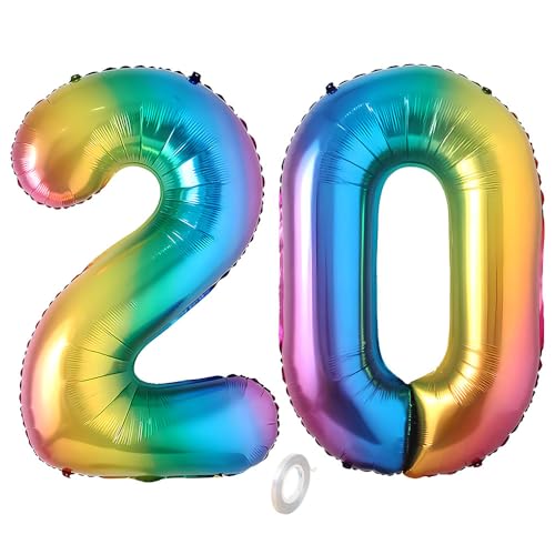 Balorise Riesen-Ballon, Aluminium, Regenbogen, Zahl 20, aufblasbar, Helium, große Zahl 0-9, 10-100 (101 cm), Dekoration für Geburtstagsfeier und Hochzeit von Balorise