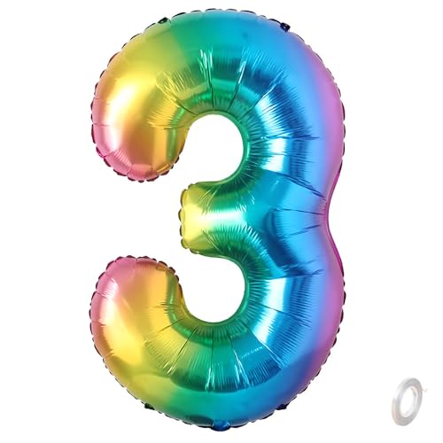 Balorise Riesen-Ballon, Aluminium, Regenbogen, Zahl 3, aufblasbar, Helium, große Zahl 0-9, 10-100 (101 cm), Dekoration für Geburtstagsfeier und Hochzeit von Balorise