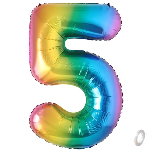 Balorise Riesen-Ballon, Aluminium, Regenbogen, Zahl 5, aufblasbar, Helium, große Zahl 0-9, 10-100 (101 cm), Dekoration für Geburtstagsfeier und Hochzeit von Balorise
