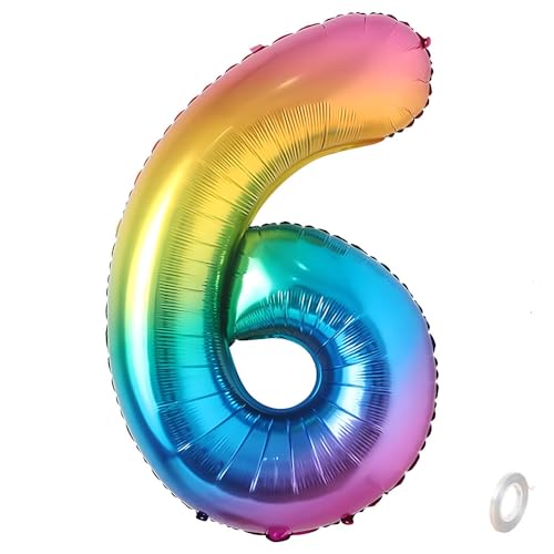 Balorise Riesen-Ballon, Aluminium, Regenbogen, Zahl 6, aufblasbar, Helium, große Zahl 0-9, 10-100 (101 cm), Dekoration für Geburtstagsfeier und Hochzeit von Balorise