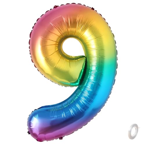 Balorise Riesen-Ballon, Aluminium, Regenbogen, Zahl 9, aufblasbar, Helium, große Zahl 0-9, 10-100 (101 cm), Dekoration für Geburtstagsfeier und Hochzeit von Balorise