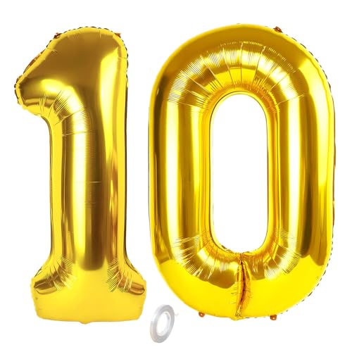 Balorise Riesen-Ballon, Aluminium, goldfarben, Zahl 10, aufblasbar, Helium, große Zahl 0 – 9, 10 – 100 (101 cm), goldfarbene Folie, Luftballons für Geburtstagsfeier und Hochzeit von Balorise