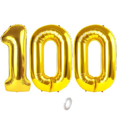 Balorise Riesen-Ballon, Aluminium, goldfarben, Zahl 100, aufblasbar, Helium, große Zahl 0-9, 10-100 (101 cm), goldfarbene Folie, für Geburtstagsfeier und Hochzeit von Balorise